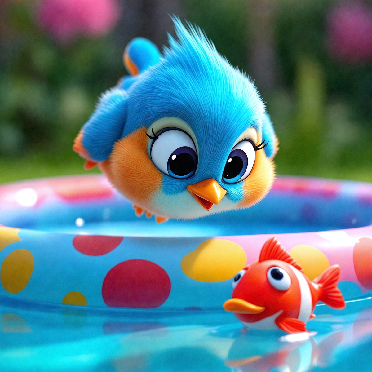 The primary subject of the image is a bird, specifically a blue bird, which is either flying or jumping over a pink and yellow swimming pool. The bird is the main focus of the image, and it appears to be in motion. The setting is an outdoor environment with a swimming pool, and the visual style is a combination of photo and digital art. The colors in the image are predominantly pink, yellow, and blue, creating a lively and cheerful atmosphere.